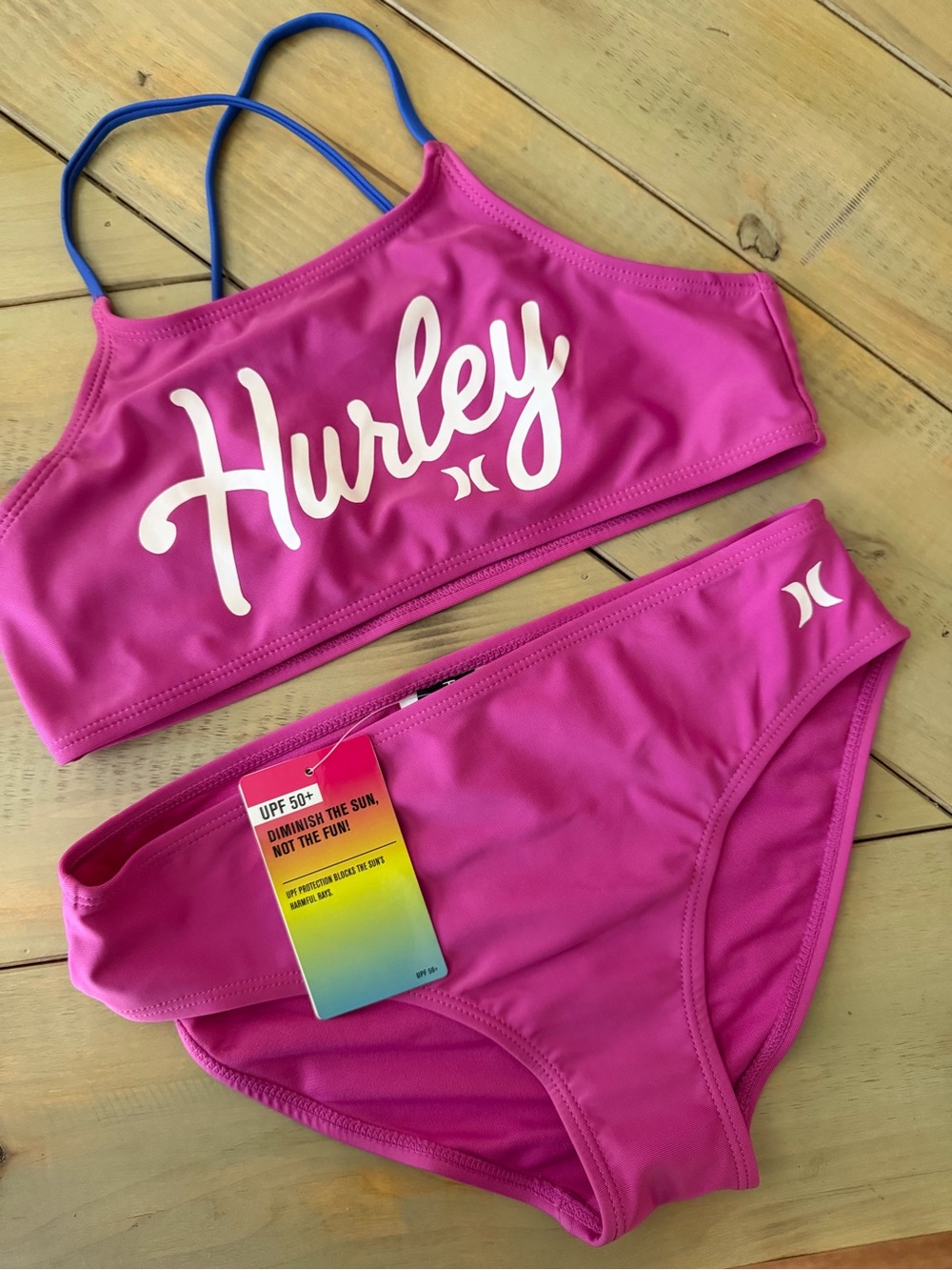 Hurley Pink Girls' Logo Two-Piece Bikini with Blue Straps